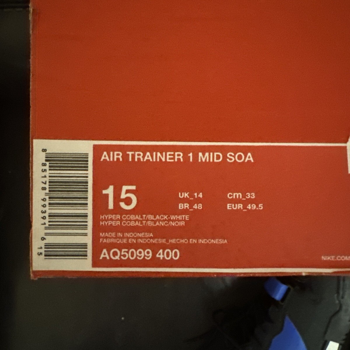 Nike Air Trainer 1 Mid 87 SOA Size 15 Bo Jackson Hyper Cobalt