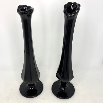 Black Swung Glass Bud Vase Mid Century Modern 8 1/2 Inches Tall Unmarked