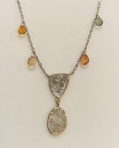 14k Polki Diamond Slice Necklace With Briolette Cut Sapphires In White Gold