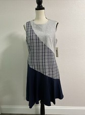 NEW Eliza J Gray & Navy Blue Plaid Color Block Sleeveless Flare Dress Size 12