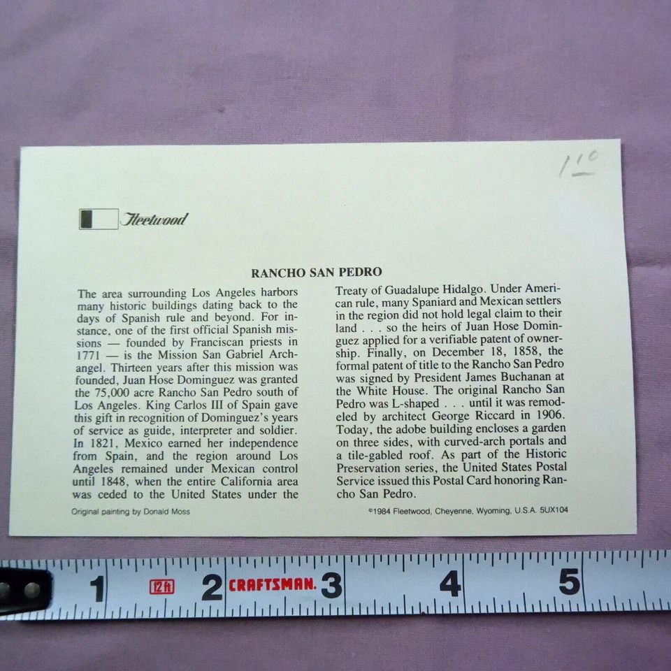 Vintage US SC # UX104 Rancho San Pedro FDC. Fleetwood Cachet Stamp Envelope - Image 4 of 4