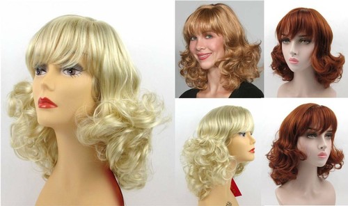 WOMENS LONG MID-LENGTH WAVY LOOSE CURLS CURLY HAIR FLIP UP WIG W/ BANGS JENNA - Picture 1 of 14