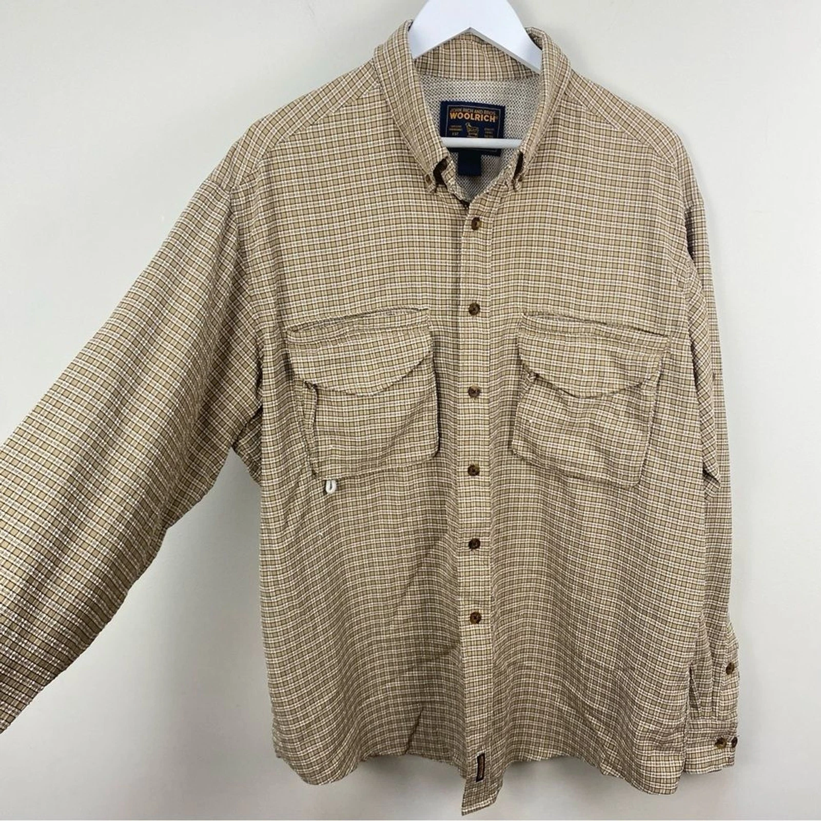 Woolrich Fishing Shirt Vented Mesh Back Plaid Tan Men's Size XL