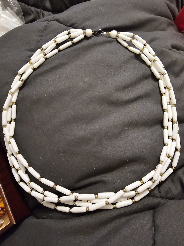 Vintage 31" White Four Strand Necklace Tubular Beads With Small Round Gold Used