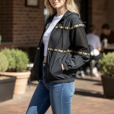 PINK Victoria's Secret Black Gold Logo Mesh Hooded Windbreaker Jacket M