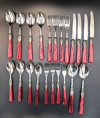22-Piece EME Italian Flatware Set With Ornate Red Resin Handles Stainless Steel