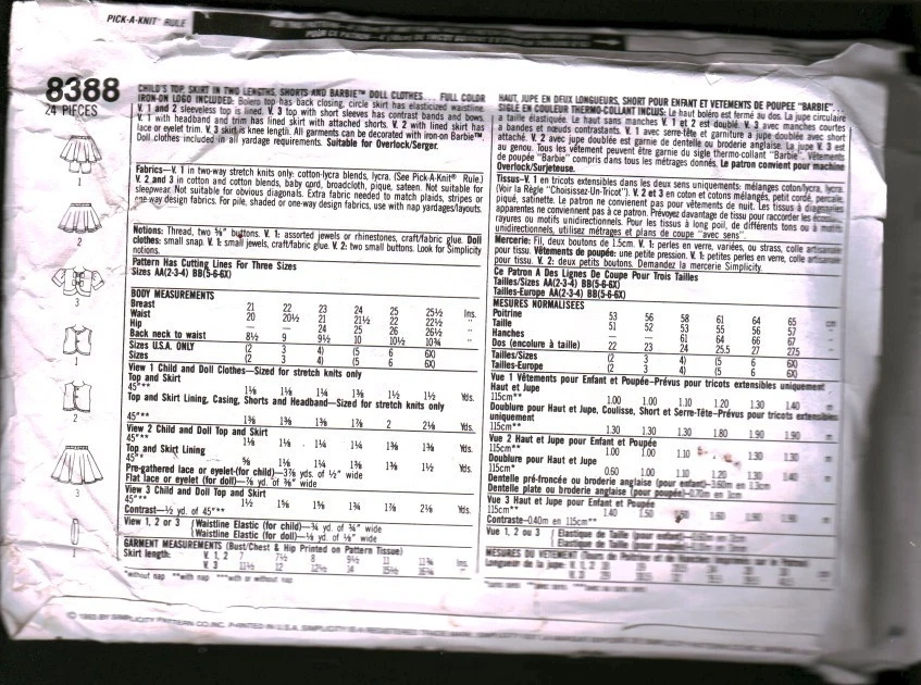 8388 Vintage Simplicity Sewing Pattern Girls 1990s Skirt Shirt Shorts Top Doll + - Image 2 of 2