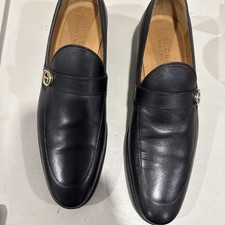 GUCCI Size 7.5 Black GG Monogram Leather Strap Slip On Loafers
