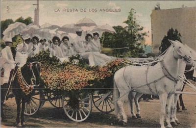 LA Fiesta DE Los Angeles CA Parade Float White Horses Parasols Postcard