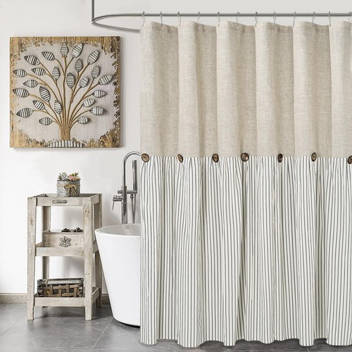 Farmhouse Shower Curtain,Beige and Gray Stripe,Button Curtain,Linen and Cotto...