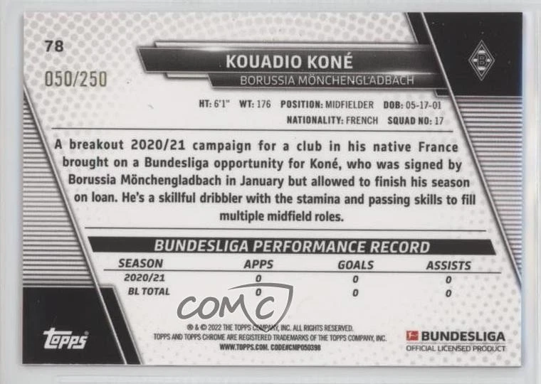 2021 Chrome Bundesliga Sapphire Edition Orange /250 Kouadio Kone Koné Rookie RC - Image 2 of 2