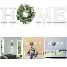 Modern Wooden Home Sign with Artificial Eucalyptus Wreath, White and Beige, 1...
