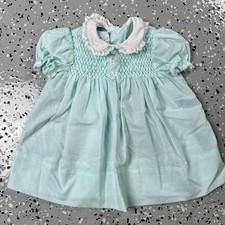 Vtg Polly Flinders Smocked Dress Blue white Flowers Lace cottagecore 18 Months