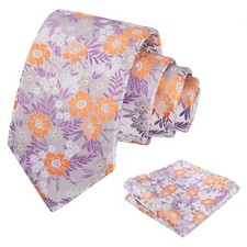 Mens 3.15'' Natural Flower Pattern Tie with Floral Pocket 146-lavender orange