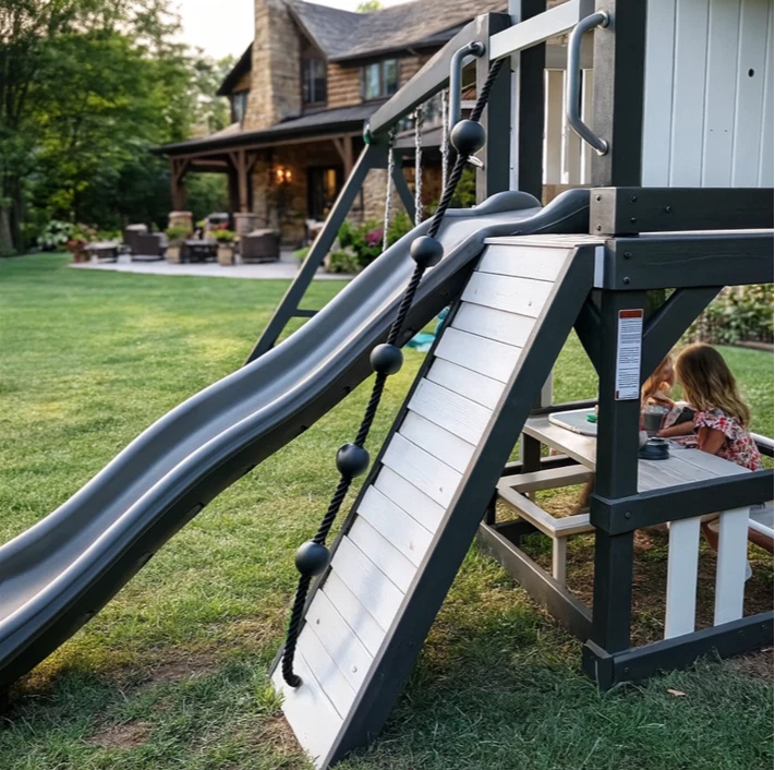 Large Garden Playhouse Outdoor Kids Swing Set Slide Climbing Wooden Tree House - Image 2 of 4