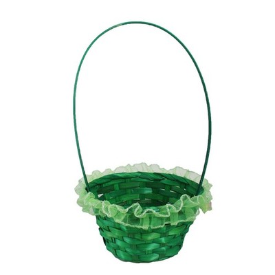 Easter Wicker Basket with Handle and Frilly Edge for Egg Hunt, Hamper Green