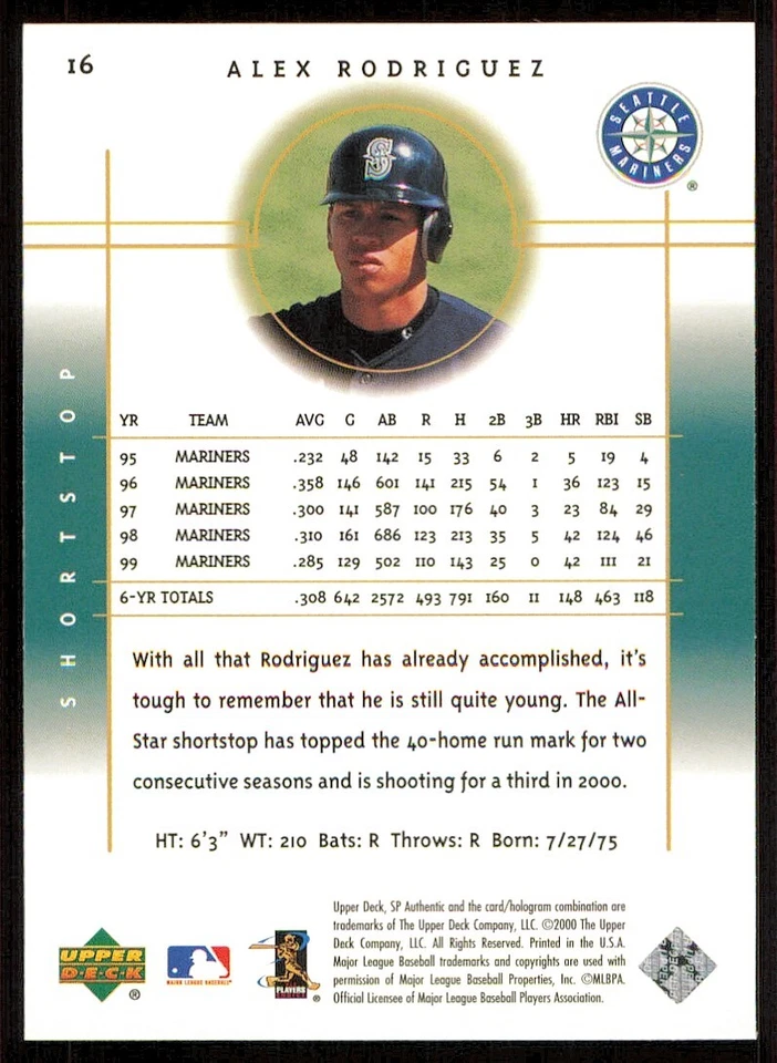 2000 SP Authentic #16 Alex Rodriguez - Image 2 of 2