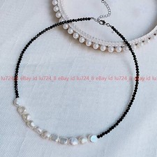 3mm Faceted Black Spinel Gems Beads 7-8mm Natural White Baroque Pearl Necklace