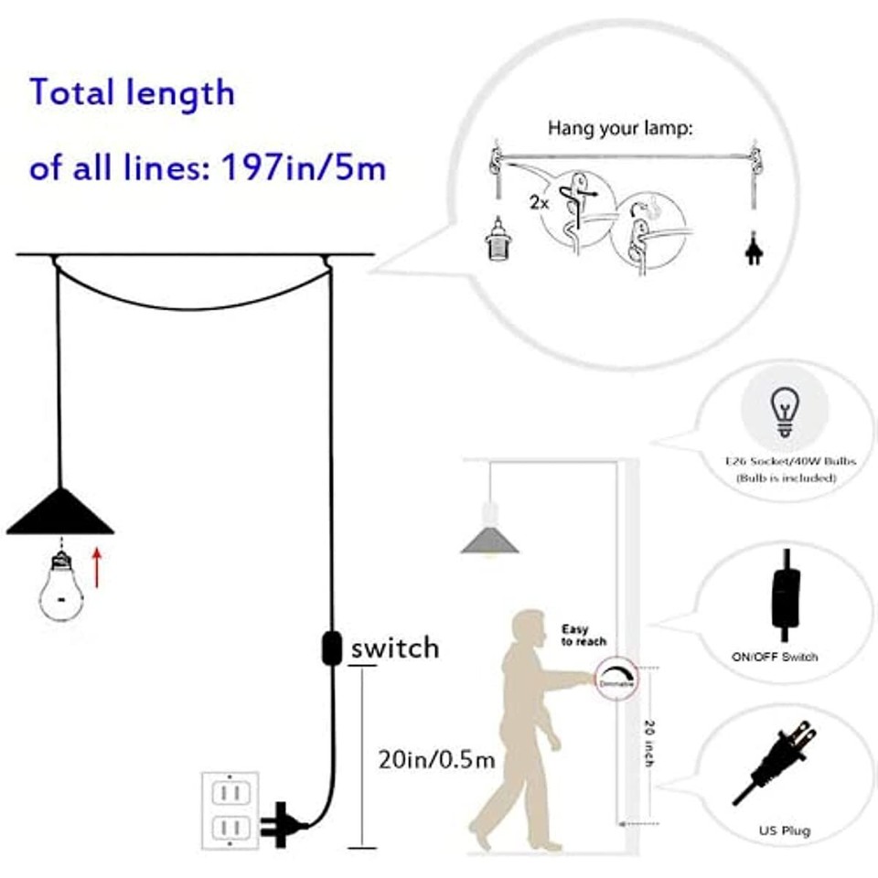 Nordic Hanging Light with Plug-in Cord, on/Off Switch,Blue Metal Plug ...