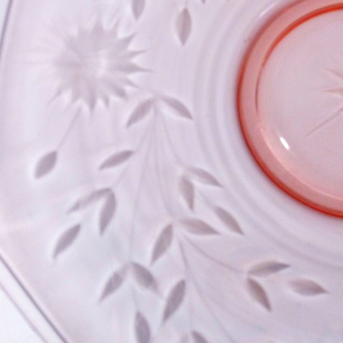 Standard Glass SWEET SIXTEEN Platter Cake Plate PINK Glass Etch Flowers & Leaves - Picture 2 of 5