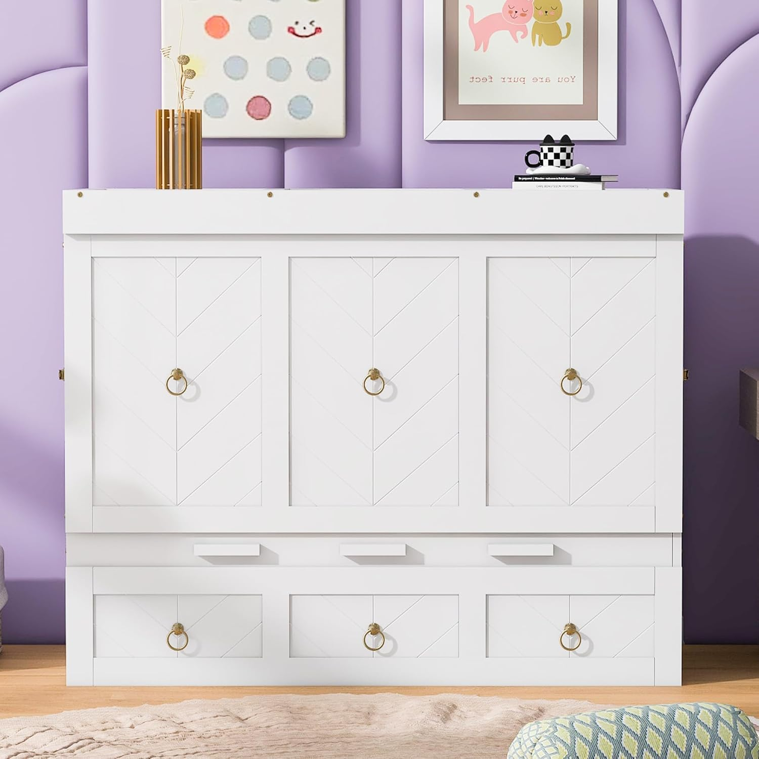 Queen Size Murphy Bed Wall Bed, Solid Pine Murphy Bed Chest Cube Cabinet Bed wit