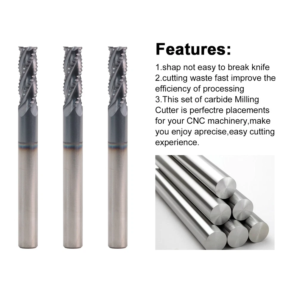 10件装4长笛1/4英寸x3/4英寸x2-1/2英寸实心硬质合金粗加工端铣刀-AlTiN涂层 — 第 4/4 张图片