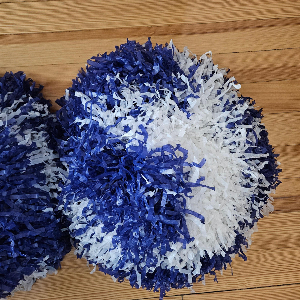 2 Vintage 1970s Large Cheerleader Pom Poms, Blue & White, Wood Handle w