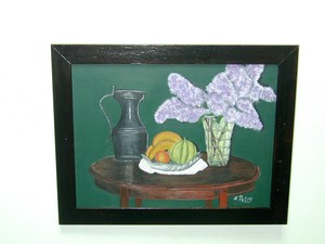 Tableau Peinture Acrylique Sur Toile Nature Morte Pichet Coupe Fruits Fleurs Ebay