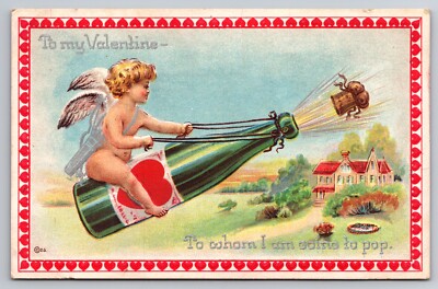 To My Valentine Cherub Cupid Popping Champagne Bottle c1910 Postcard
