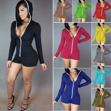 Women's Sexy Long sleeve Tops Front Zipper Hooded Stretch Shirts Romper Jumpsuit