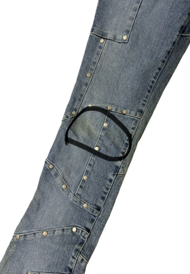 Pantalones de mezclilla azules de pierna recta con retazos tachonados Y2K AZZURE 29 Foto 4 de 4