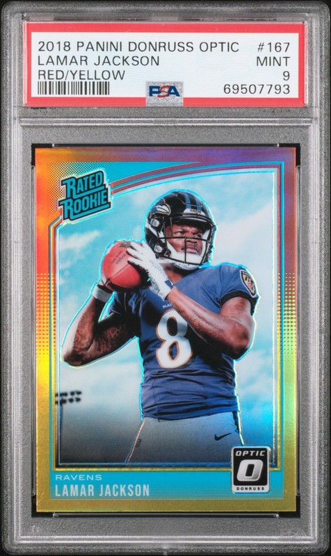 2018 Optic Lamar Jackson Rated Rookie Red Yellow Prizm #167 PSA 9 (RC) Ravens