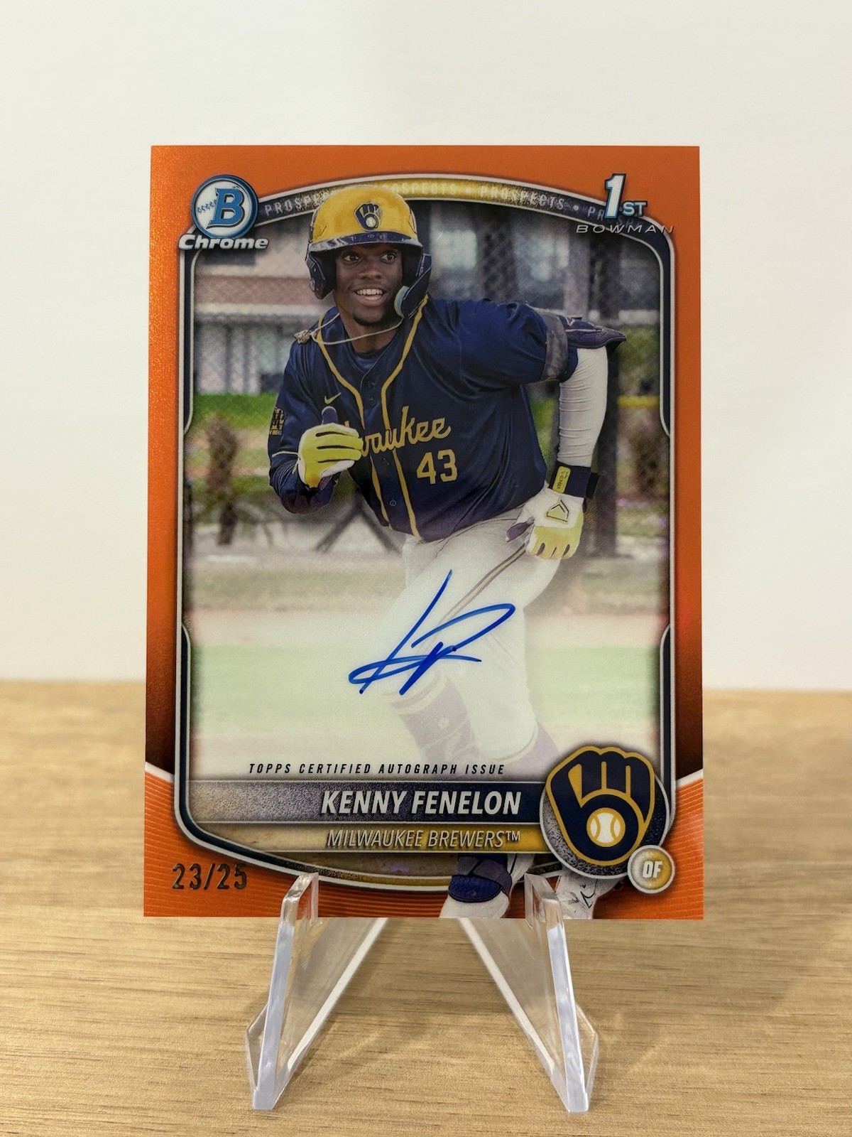 Kenny Fenelon 2025 Bowman Chrome 1st Bowman TRUE Orange Auto /25 #CPA-KF Brewers