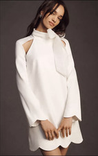 BHLDN White Mock Neck Cutout Long Sleeve Shift Dress Scalloped Hem Sz L
