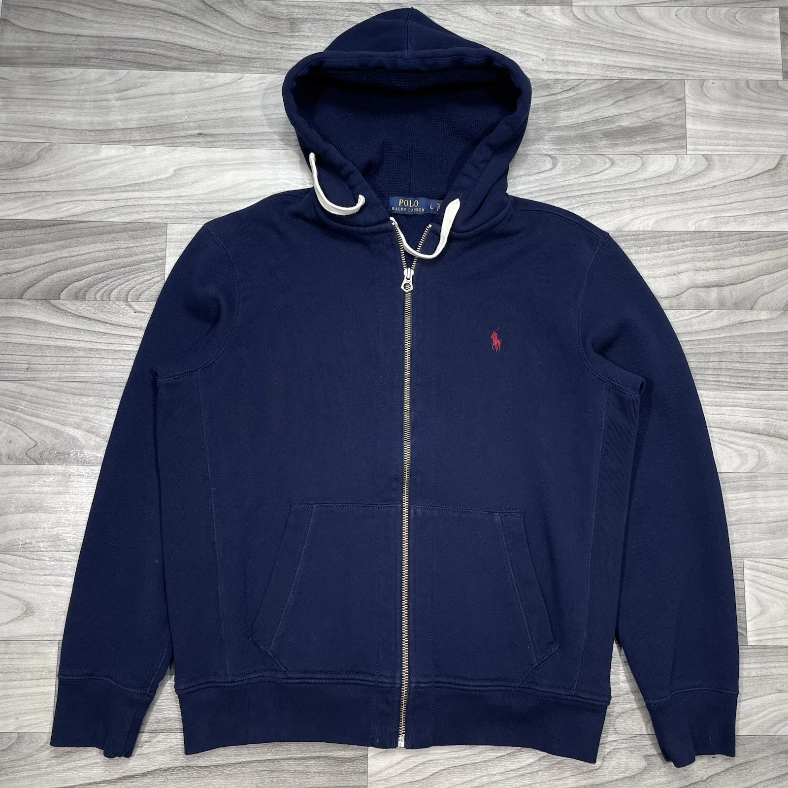 Vintage Polo Ralph Lauren Thermal Hoodie Mens L Navy Blue Full Zip Waffle Lined