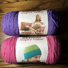 2 Skeins of Bernat Super Value Worsted Knit/Crochet Yarn Magenta Lt, Denison 7oz