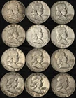 Roll of 12 Circulated 1940s-1960s Franklin Half Dollar 90% Silver Coins