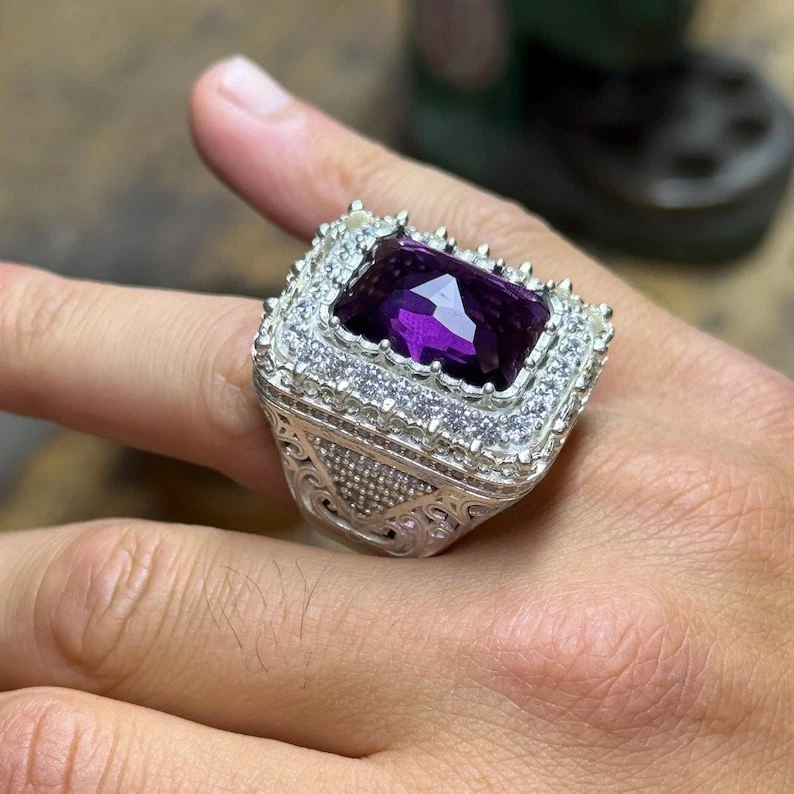 Anillo grande de plata 925 de amatista y moissanita para hombre, anillo turco hecho a mano Foto 4 de 4