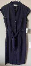 NWT Calvin Klein Navy Cap Sleeve Buttons Belted Sheath Dress Womens Sz 4