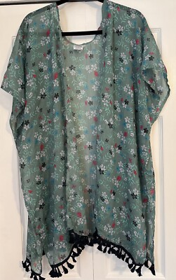 SERRA Green Floral Ladies  Swim Suit Cover Open Front Tassel Trim OSFM