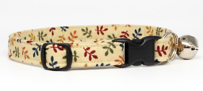 NEW HANDMADE BREAKAWAY SAFETY CAT COLLAR ~ Autumn Leaves / Tan / Cotton