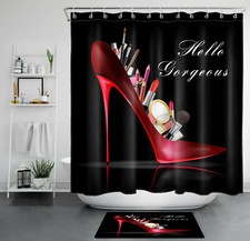 Fashion Girl Red High Heels Cosmetic Mirror Shower Curtain Set Bathroom Decor