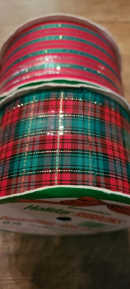 2 Spools Vintage Christmas Ribbon Plaid and Stripe Commodore Holiday NOS - Image 3 of 4