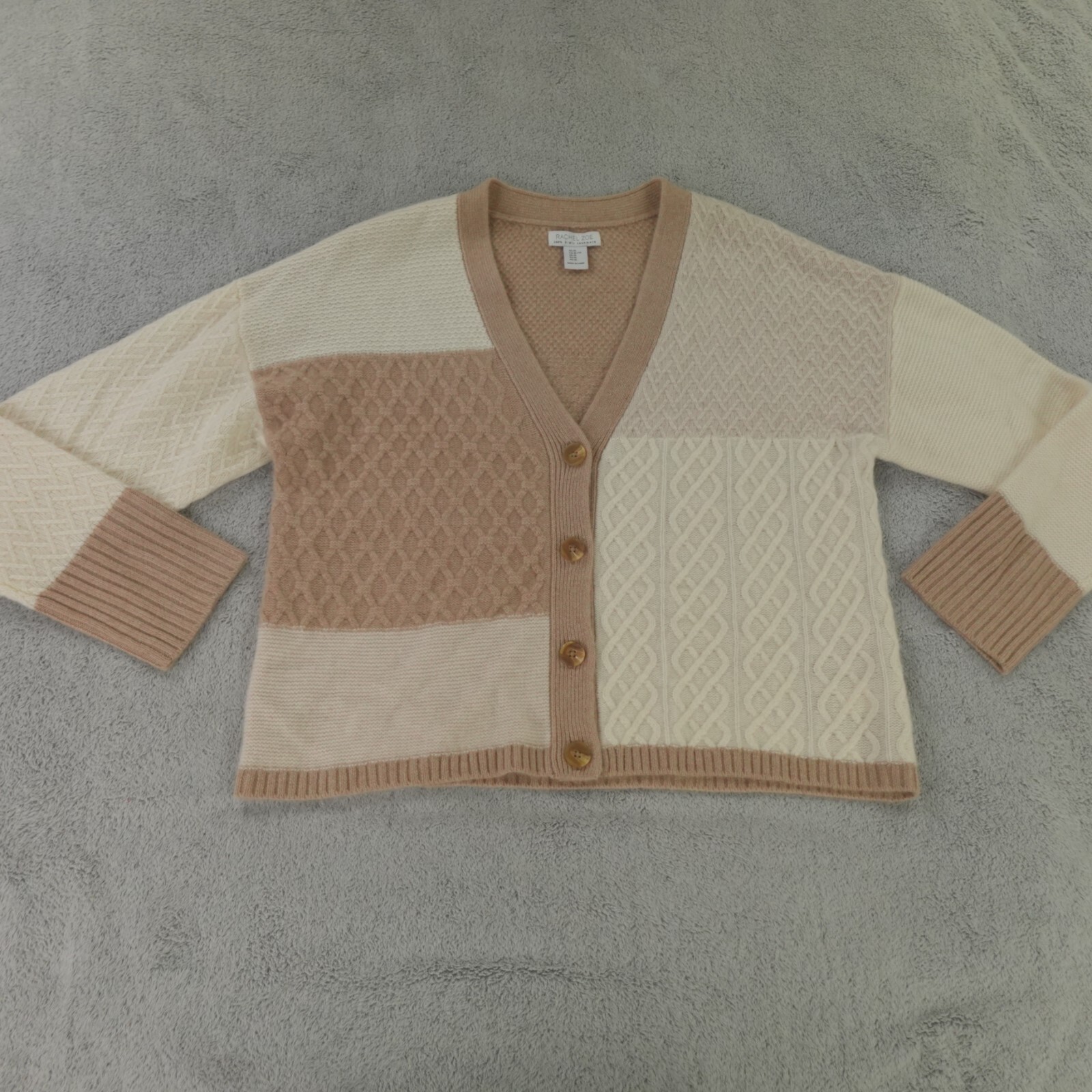 Rachel Zoe Cashmere Sweater Womens XL Beige Tan Patchwork Mixed Knit Cardigan
