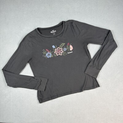 Hollister T-Shirt Womens S Small Floral Embroidered Long Sleeve Tee Gray  Grey