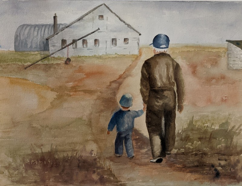 Grandson Grandfather Boy Farm Barn Rural Country WATERCOLOR        *Moving Sale*