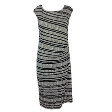 Loft Dress Womens Sz M Black Ivory Striped Ruched Cap Sleeve Sheath Stretch