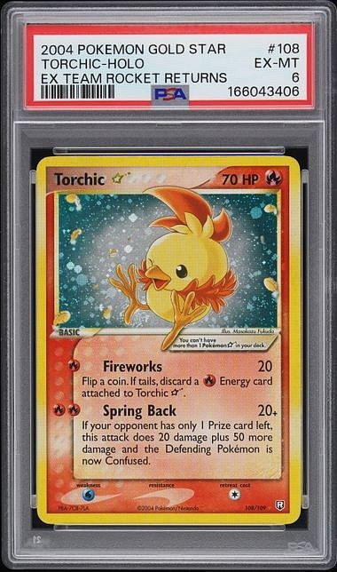 POKEMON GOLD STAR TORCHIC 2004 EX TEAM ROCKET RETURNS #108 HOLO PSA 6 view 1