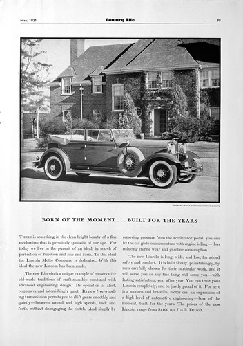 1931 Ad (10 X 14 inches) Lincoln Dietrich Convertible Coupe $4400 Up