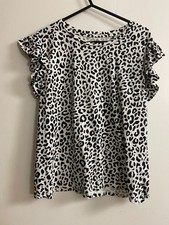 F&F UK 10 Black White Leopard Print Frill Sleeve Top Organic Cotton